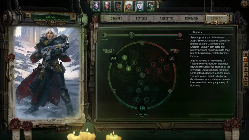 Rogue Trader, Biography Screen